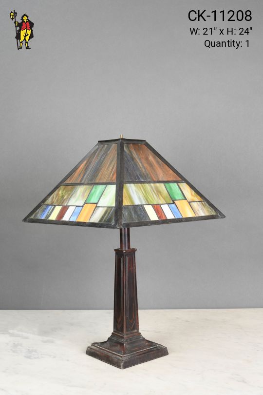 Slag Glass Shaded Bronze Table Lamp