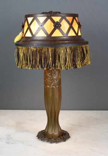 Art Glass & Fringe Shaded Brass Table Lamp