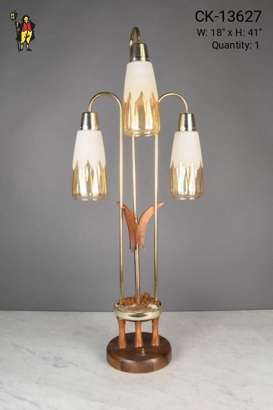 Three Light Wood & Brass Oversize Table Lamp