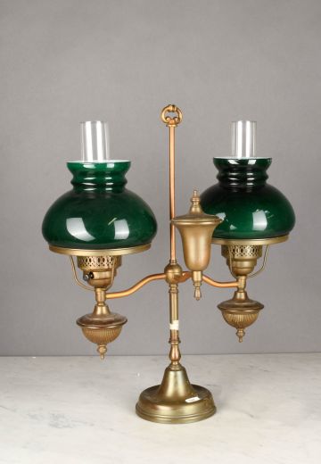 Two Light Faux-Oil Electrified Brass Table Lamp