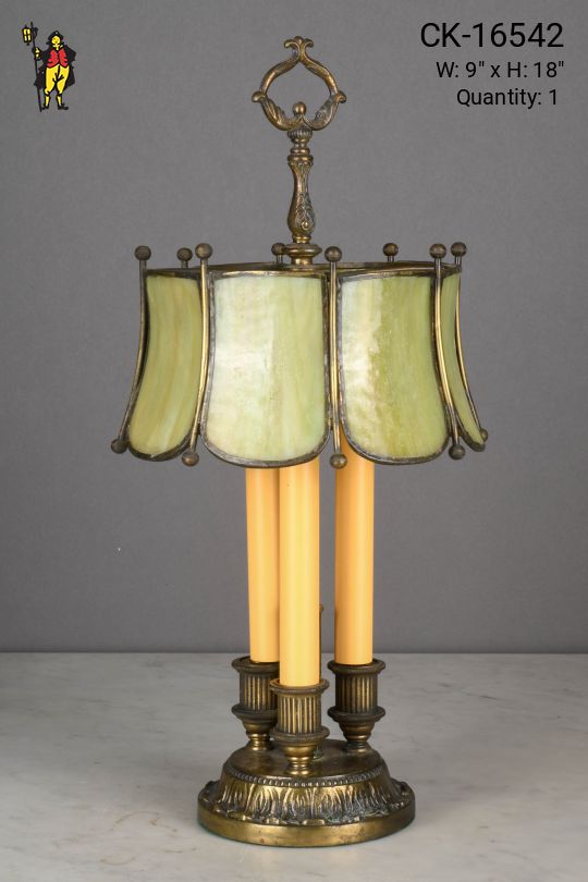 Three Candle Art/Slag Glass Shaded Bouliette Table Lamp