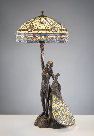 Bronze Peacock Figurine Table Lamp w/Art Glass Shade