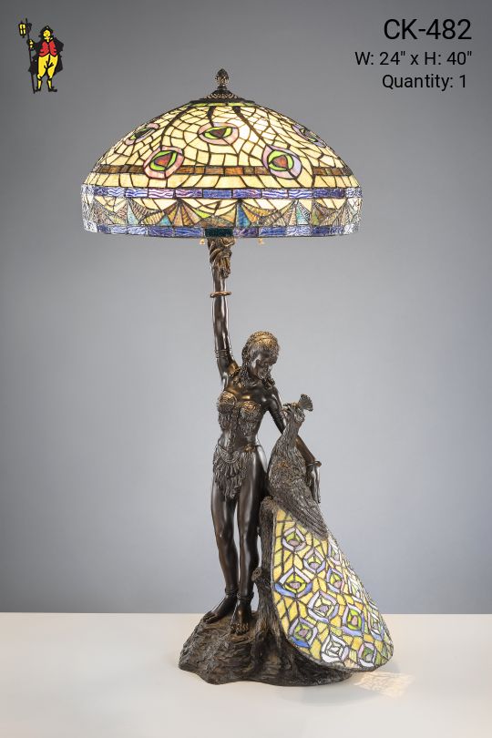 Bronze Peacock Figurine Table Lamp w/Art Glass Shade