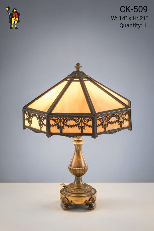 Brass Table Lamp w/Slag Glass Shade