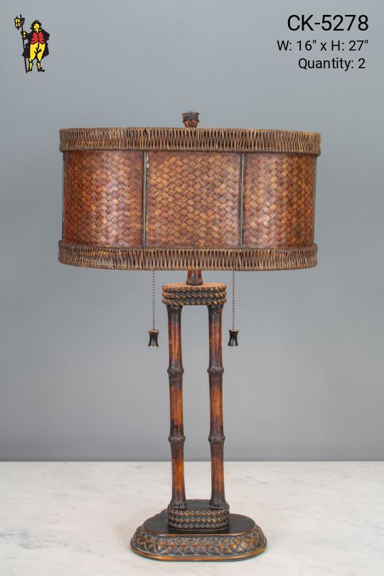 Wooden Two Light Table Lamp w/Woven Shade