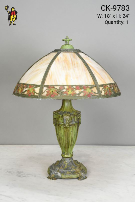 Distressed Green Table Lamp w/Floral Art Glass Shade